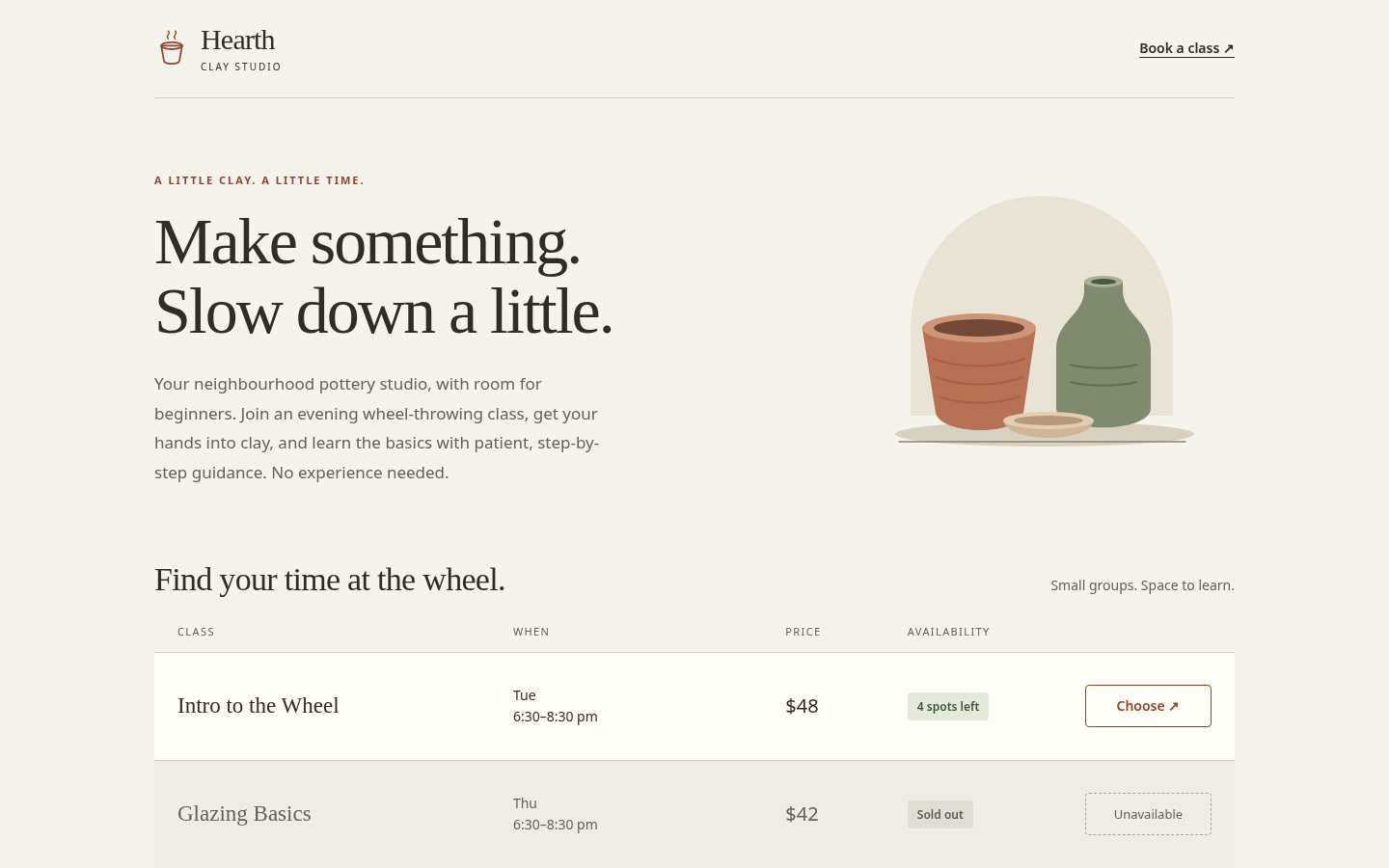GPT-6 Astra output for Run 001, "Hearth: a booking page for a small ceramics studio", desktop 1440 pixels wide, scored 70.0 of 100