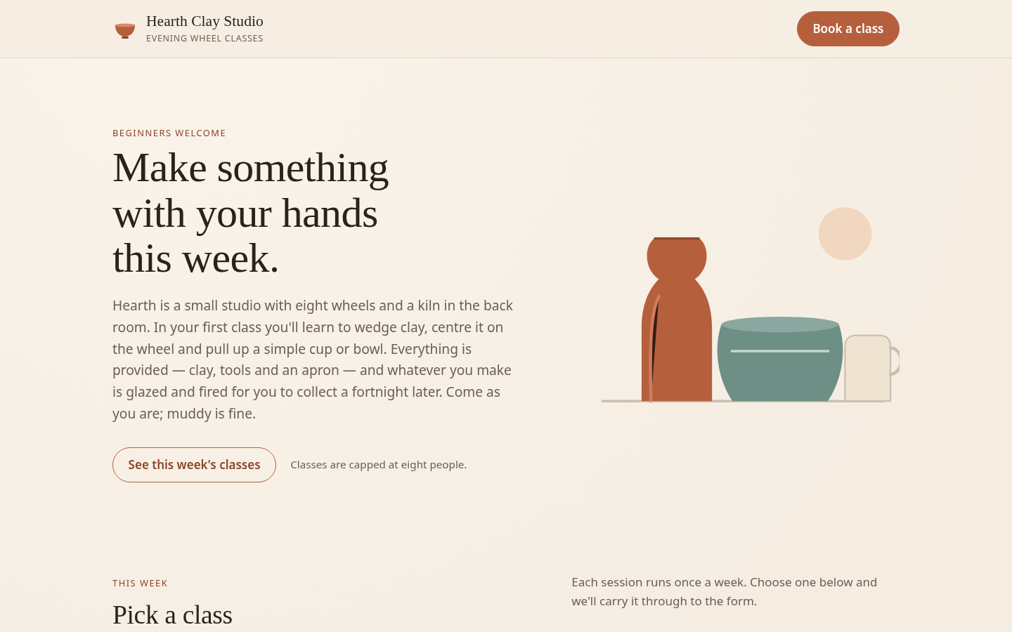 Claude Fable 5.1 output for Run 001, "Hearth: a booking page for a small ceramics studio", desktop 1440 pixels wide, scored 71.2 of 100