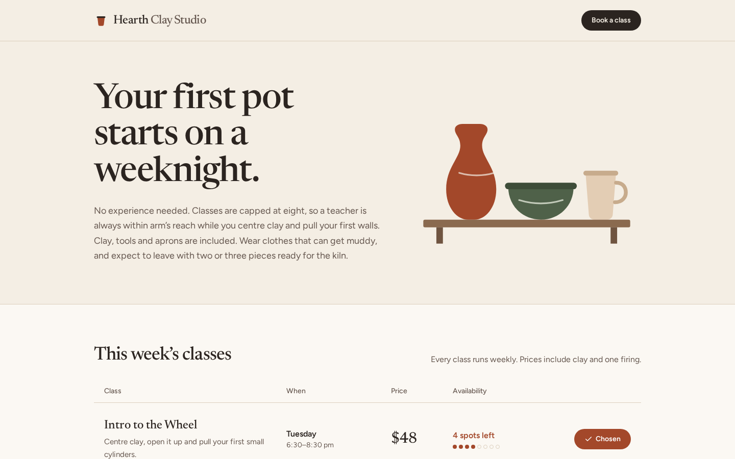 Magic Patterns output for Run 001, "Hearth: a booking page for a small ceramics studio", desktop 1440 pixels wide, scored 68.0 of 100