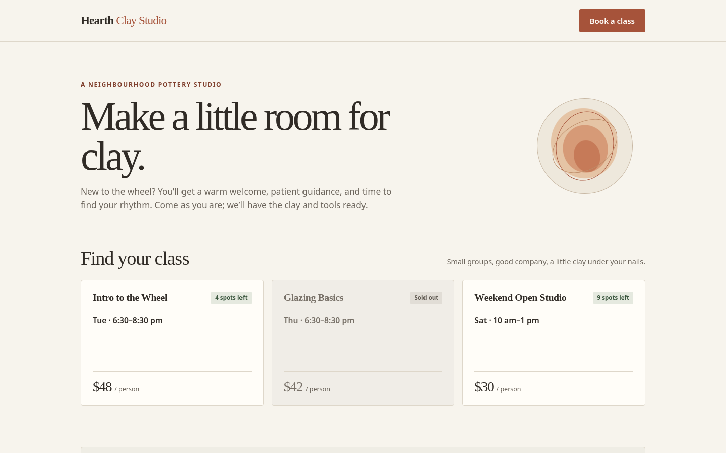 GPT-6 Luna output for Run 001, "Hearth: a booking page for a small ceramics studio", desktop 1440 pixels wide, scored 63.6 of 100