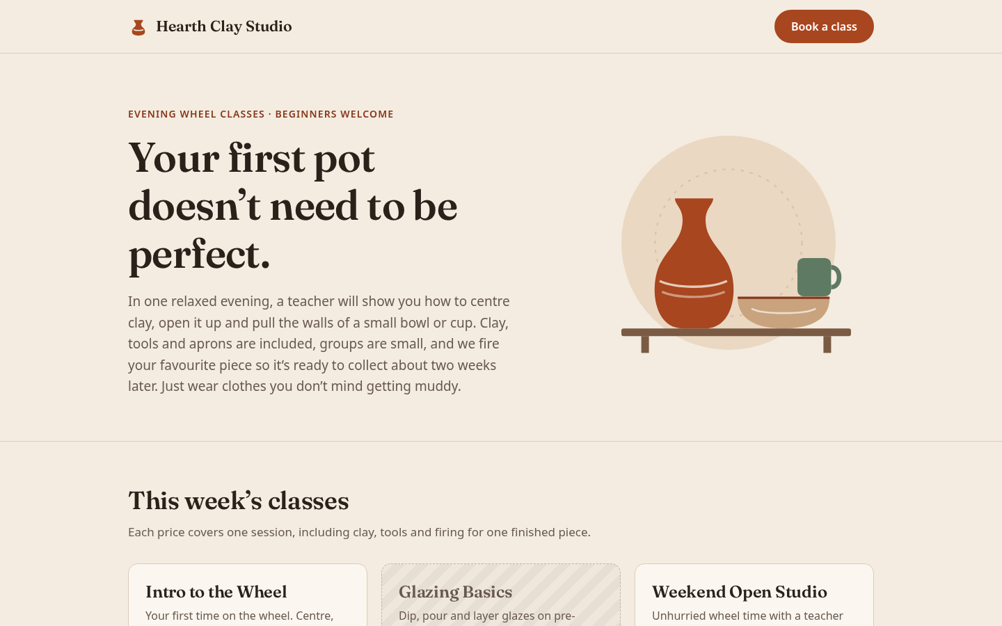 Claude Opus 5.5 output for Run 001, "Hearth: a booking page for a small ceramics studio", desktop 1440 pixels wide, scored 68.0 of 100