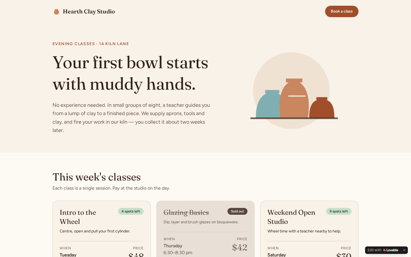 Lovable output for Run 001, "Hearth: a booking page for a small ceramics studio", desktop 1440 pixels wide, scored 70.8 of 100
