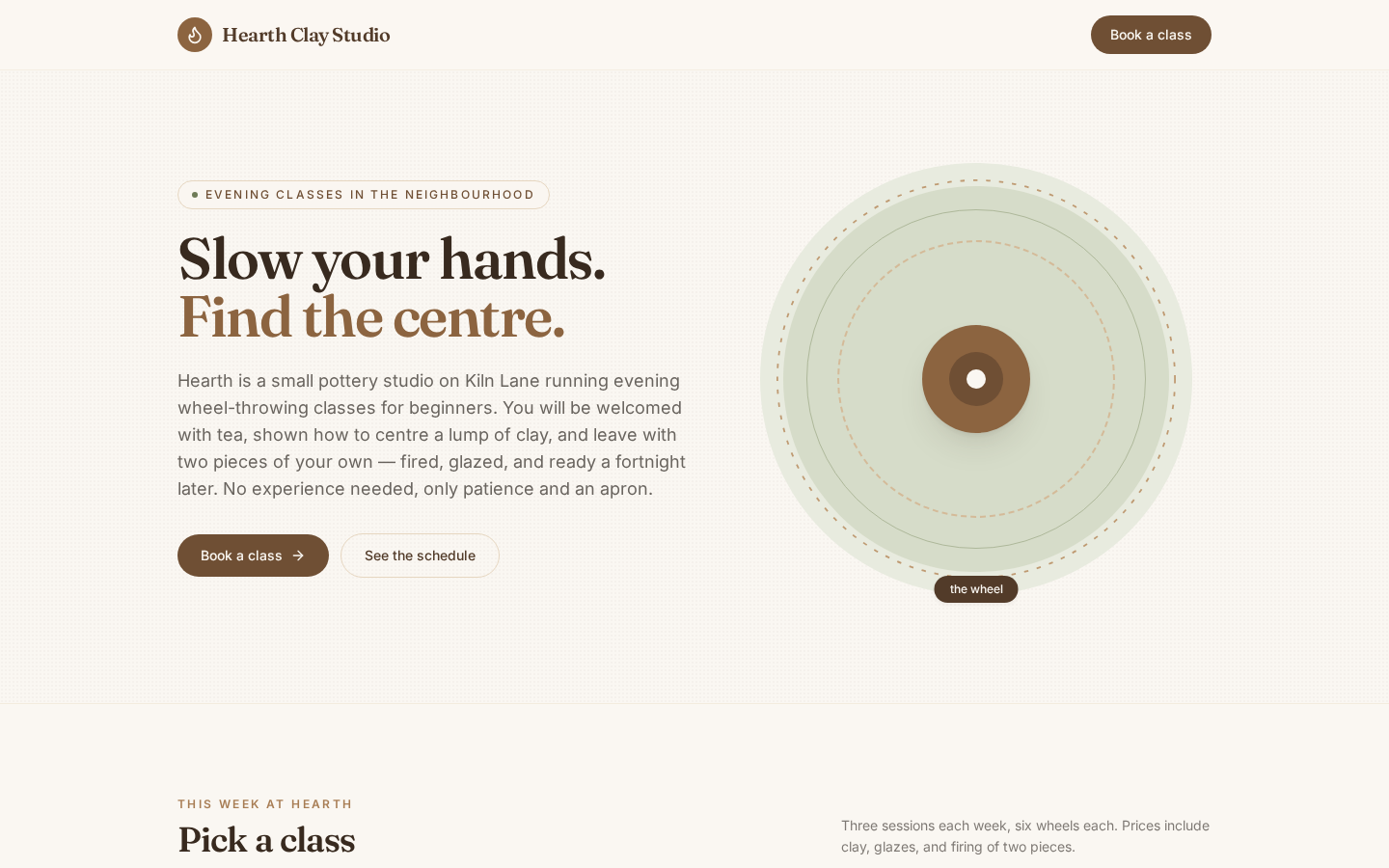 Bolt output for Run 001, "Hearth: a booking page for a small ceramics studio", desktop 1440 pixels wide, scored 66.4 of 100