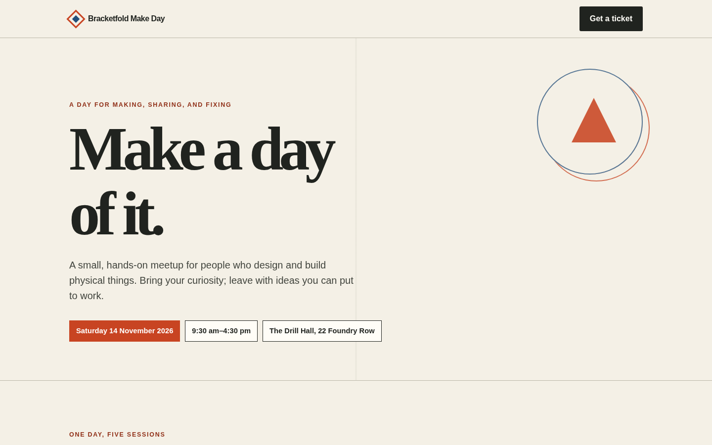 GPT-6 Luna output for Run 002, "Bracketfold Make Day: a landing page for a one-day maker meetup", desktop 1440 pixels wide, scored 55.2 of 100