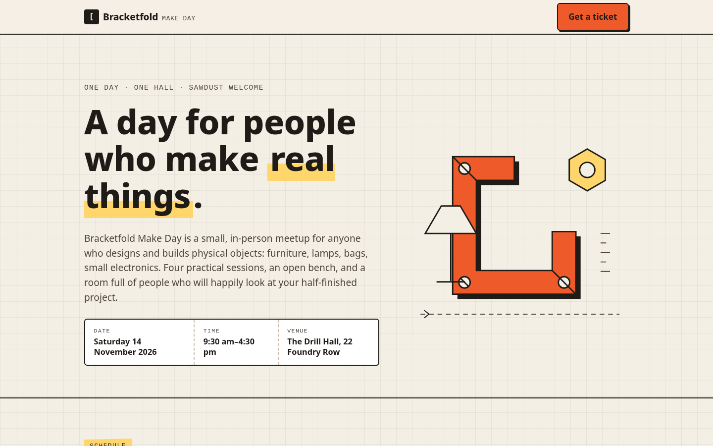 Claude Fable 5.1 output for Run 002, "Bracketfold Make Day: a landing page for a one-day maker meetup", desktop 1440 pixels wide, scored 69.2 of 100