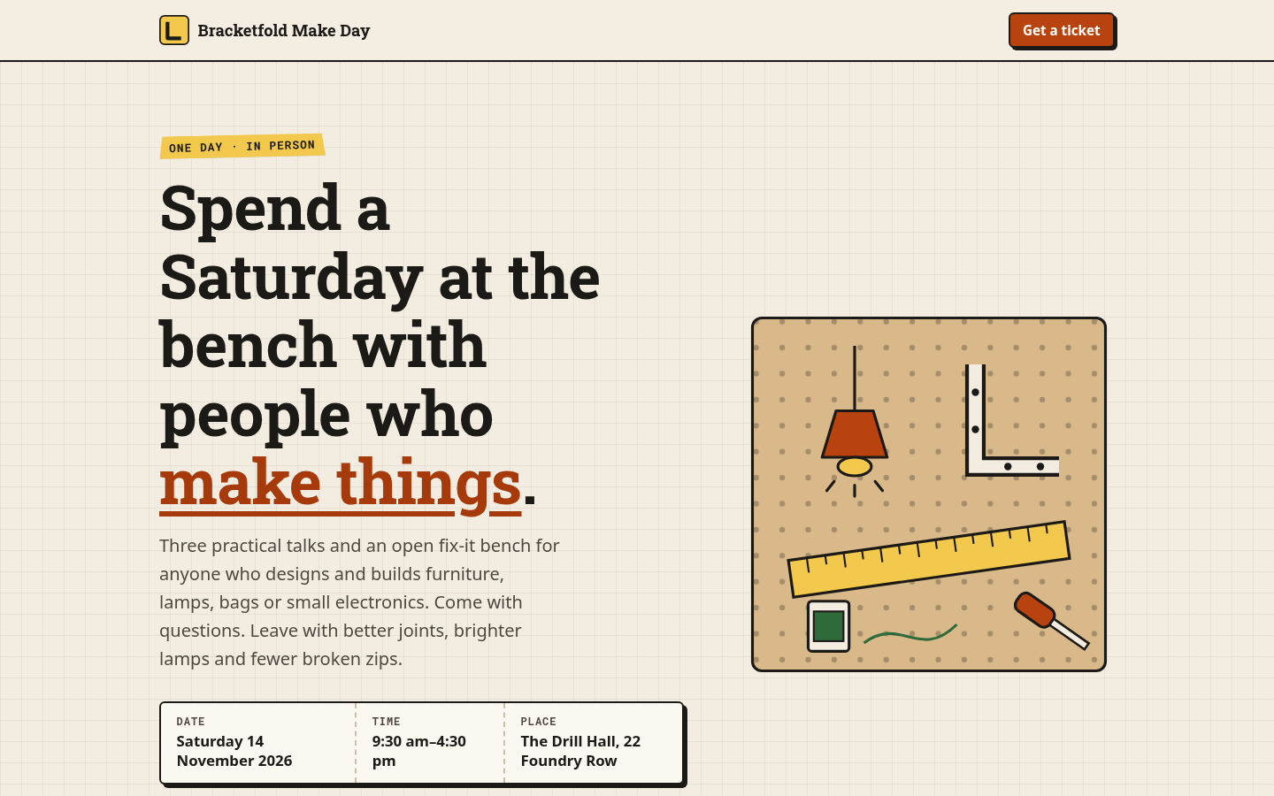 Claude Opus 5.5 output for Run 002, "Bracketfold Make Day: a landing page for a one-day maker meetup", desktop 1440 pixels wide, scored 66.8 of 100